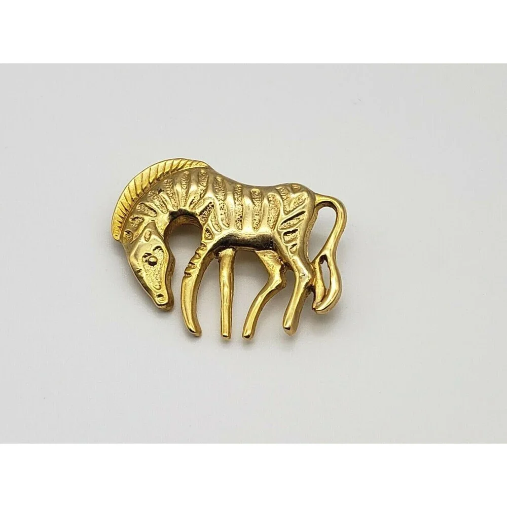 Zebra Animal Figural Brooch Pin Gold Tone Metal Shiny African Safari Vintage